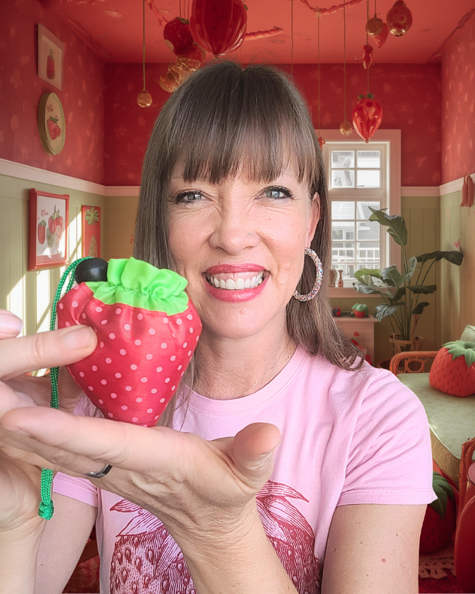 Woman holding a strawberry-shaped bag in a room with red walls and decorations.